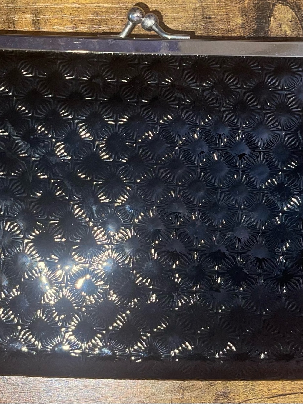 Black Textured Floral Clutch with Silver Frame